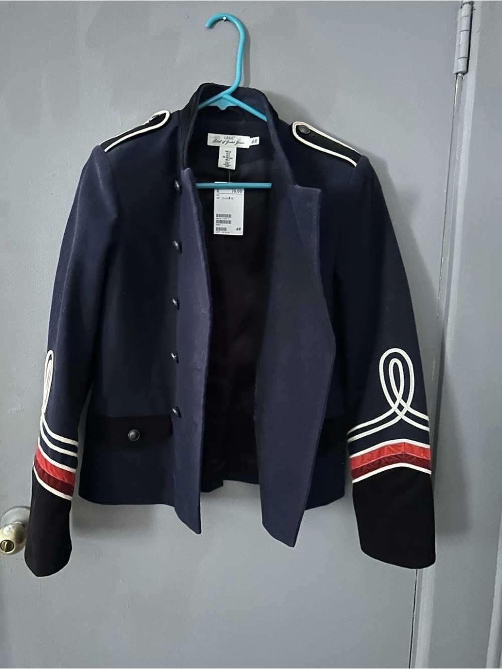 Zara Navy Military-Style Blazer with White & Red Trim